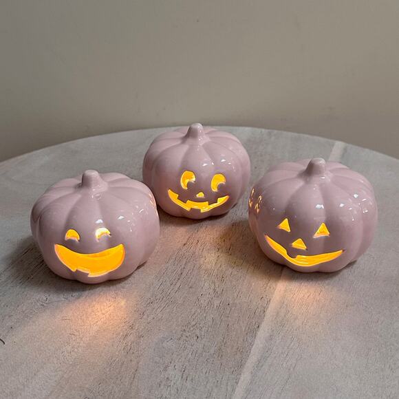 Set Of 3 Martha Stewart Pink Ceramic Led Light Up Jack O Lantern Pumpkins New - Picture 1 of 16